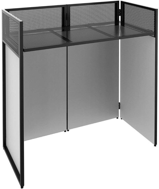 Zwarte DJ booth met open zijkanten en metalen gaas bovenkant.