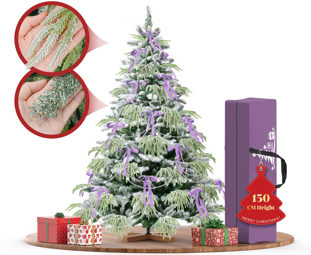 150 cm Kunstkerstboom - PVC + PE Groene Kerstboom - Kunstmatige Spar Met Sneeuweffect - Decoratieve Accessoires - Beschermende Handschoenen, Opbergtas, Houten Standaard, Snel te Monteren Vouwsysteem