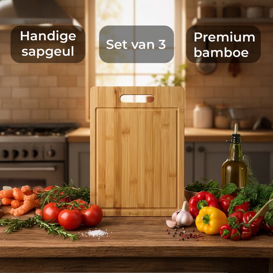 Ensemble de planches à découper en Bamboe CasaCucina - Juice Groove - Avec support - 3 pièces - Planche de service - Avec huile d'entretien - Bois