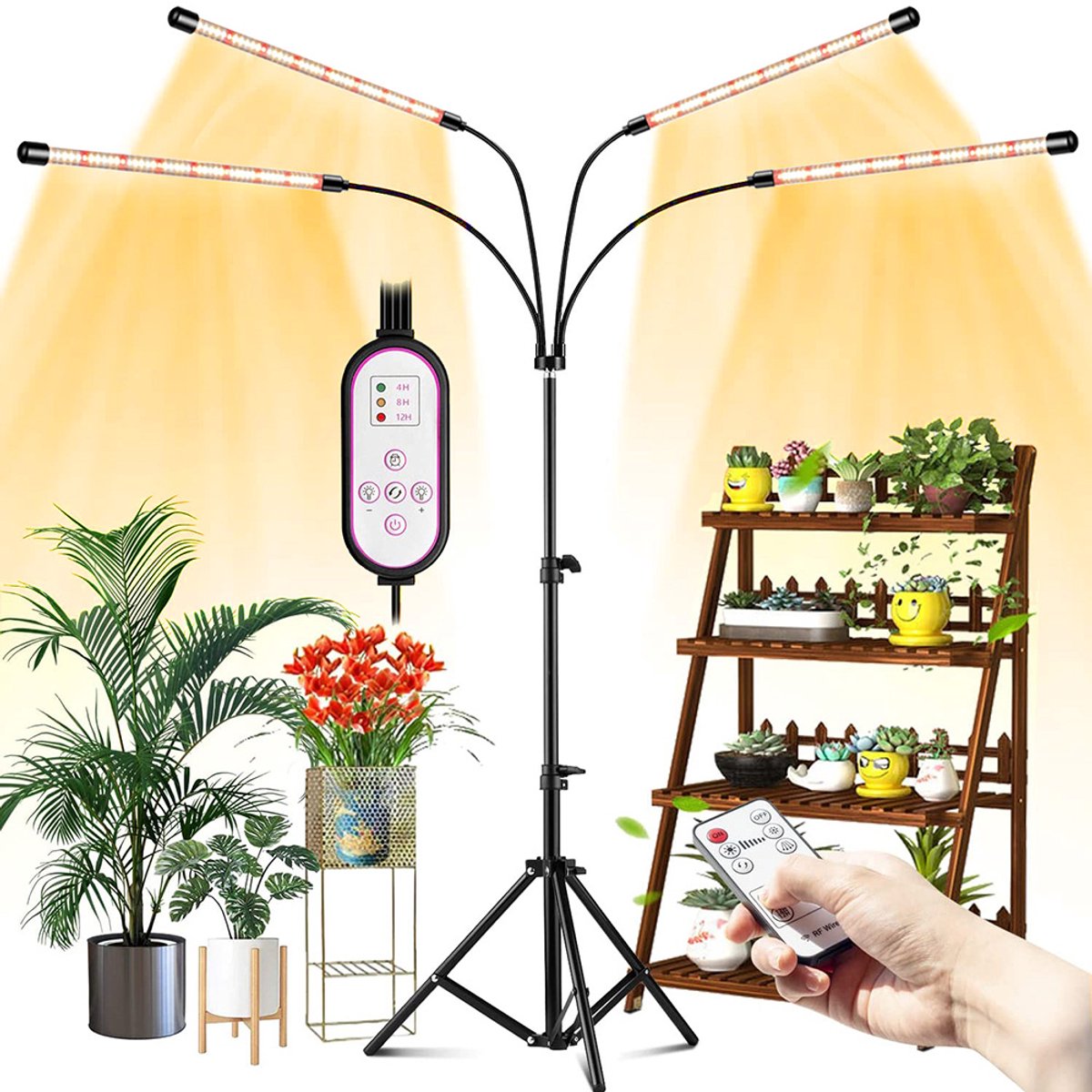 Rosnek Kweeklamp Full Spectrum 4 Koppen - LED Groeilamp met Afstandsbediening - Verstelbaar Statief 50-150 cm & 360° Flexibele Arm - Timer 4/8/12u - 10 Dimstanden voor Binnenplanten
