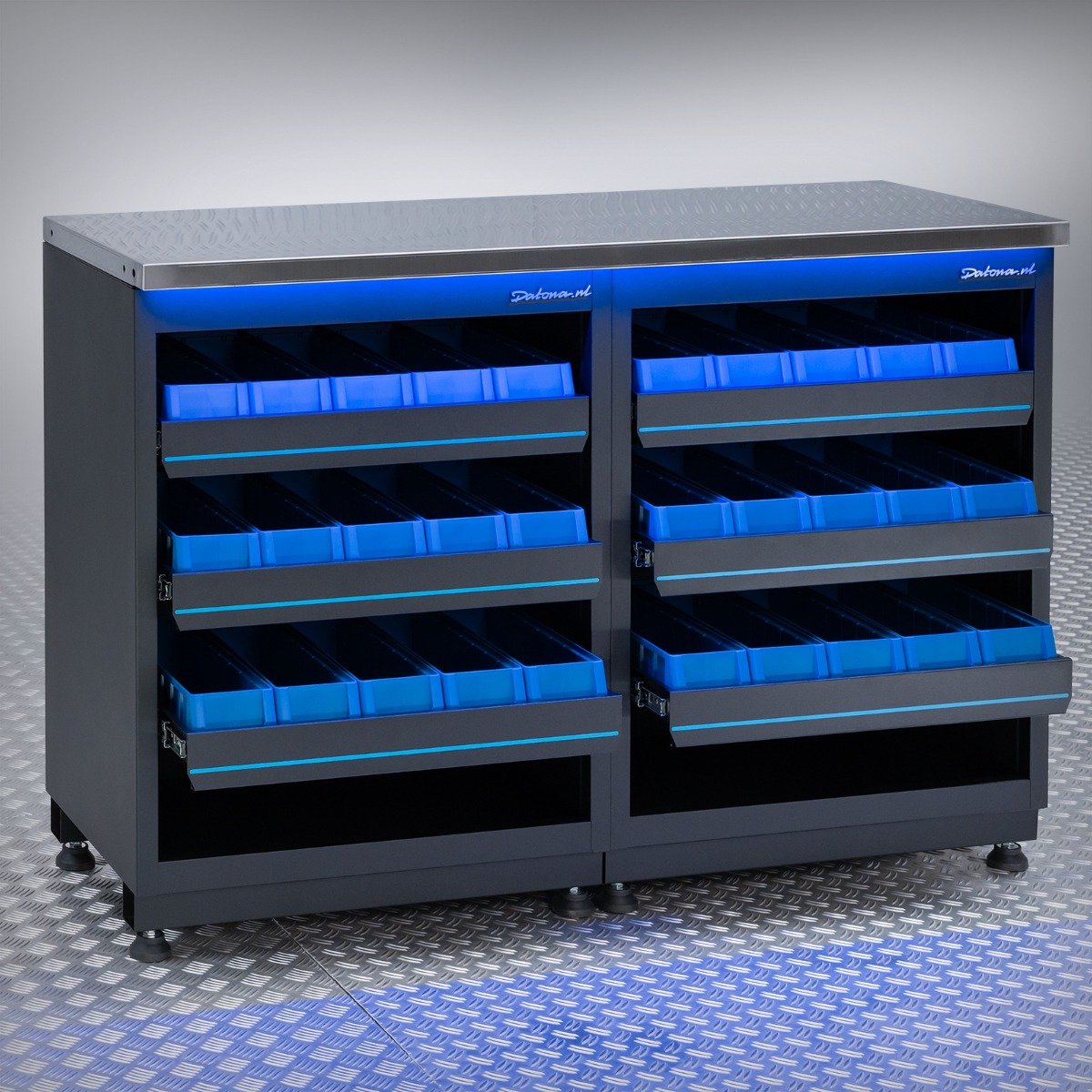 Datona® Werkbank PREMIUM RVS werkblad met opbergbakken – 136 cm - Zwart
