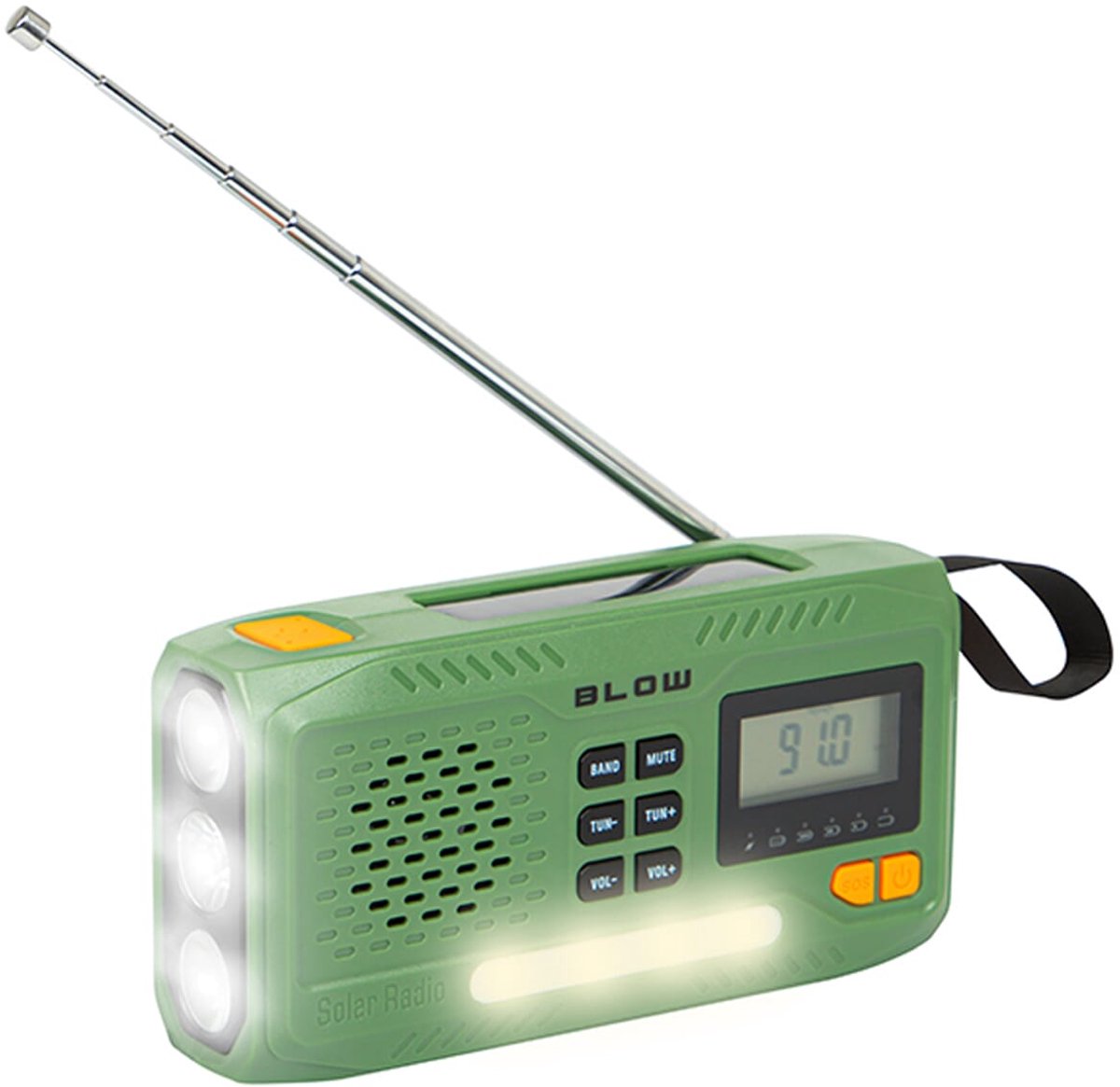 BLOW Noodradio Solar Opwindbaar - V2.0 - 2A 5V - Met Zaklamp + SOS-Signaal - Groen