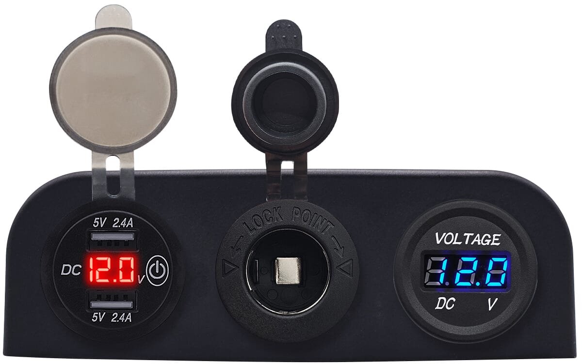ProRide 12V USB Autolader 2 Poorten - 5V/2.4A - Voltmeter en 12V/24V Sigarettenplug - Drievoudig opbouw paneel