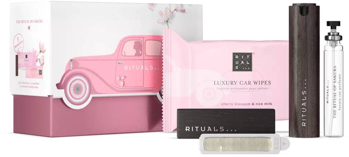 Rituals - Geschenkset - Auto Parfum - 4 Producten - 2x Auto Luchtverfrisser Refills 3 g - 1x Autoparfum Spray 14 ml - 1x Houder voor Autoparfum Spray - 20x Auto Reiningingsdoekjes - Vrouwen - Geschenkdoos - Giftset Vrouw - Sakura