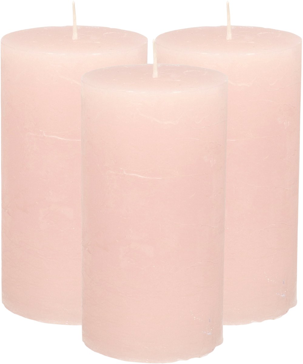 Atmosphera Stompkaars -3x - licht roze - 7 x 13 cm - cilinderkaars - rustiek model Lichtroze