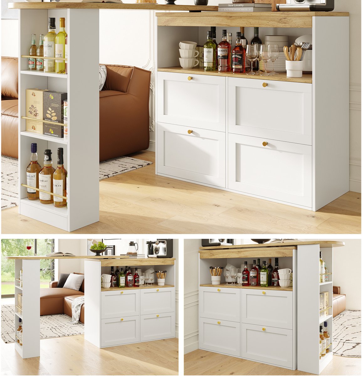 360° Draaibare Bartafel (105x39x102 cm) - Witte Multifunctionele Kast met 4 Lades & Open Planken - Voor Woonkamer, Eetkamer of Kantoor