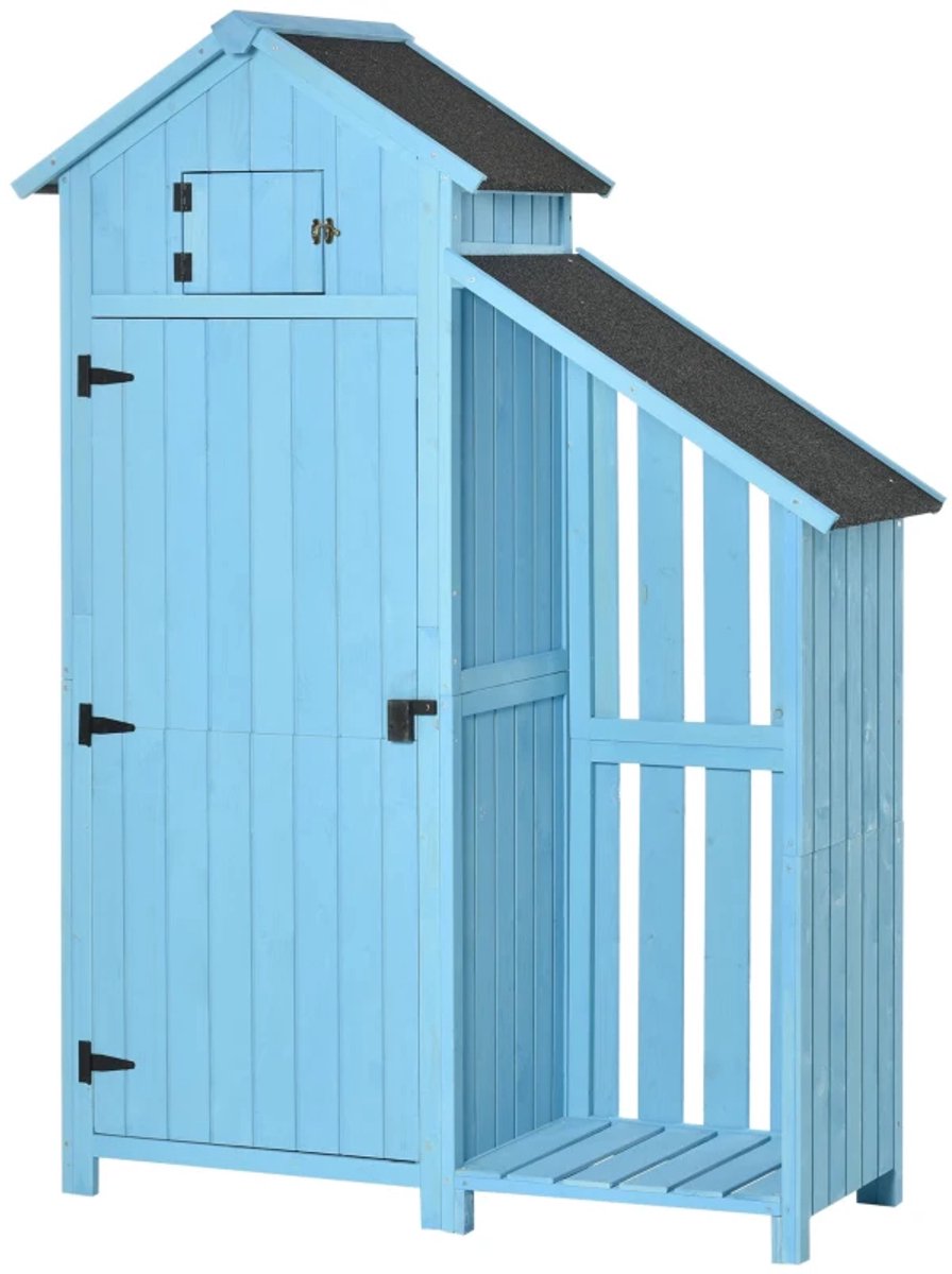 Houten Tuinschuur met Brandhoutopslag - Tuinhuis - Tuinkast - 130x54,5x180 cm - met 3 Planken en Asfalt Dak - Gereedschapsschuur - Opslagruimte Tuin - Tuingereedschap Bewaren - Hemelsblauw