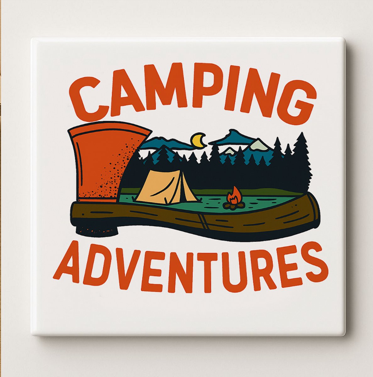 Nevolis Camping Avonturen Keramische Tegel 15x15 cm – Rustiek Outdoor Ontwerp, Perfect Cadeau voor Kampeerders & Natuurliefhebbers Multi Color