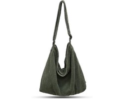 Groene Dames Schoudertas - Grote Katoenen Shopper en Crossbody Tas - Multifunctioneel voor Kantoor, Opleiding en Vrije Tijd