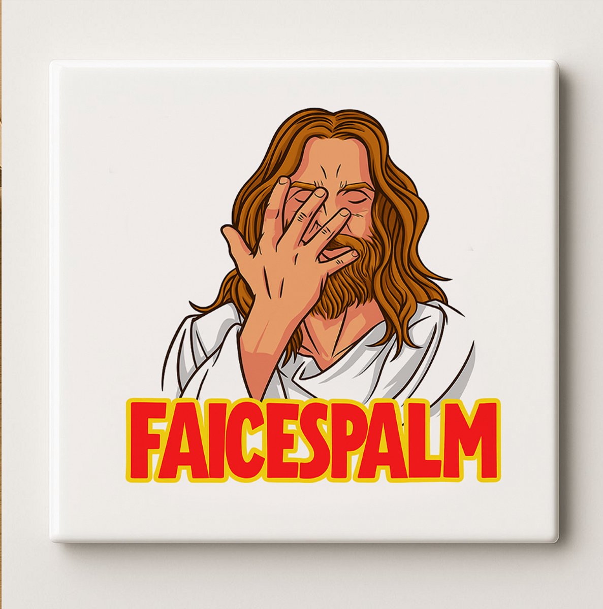 Nevolis Grappige Jezus Facepalm Tegel – 15x15cm Keramische Wanddecoratie, Humoristisch Religieus Cadeau, Christelijke Meme Versiering voor Huis of Kantoor Multi Color