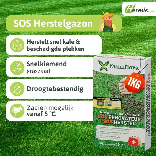 SOS Herstelgazon 1Kg: +/- 50m² - Herstelt snel kale en beschadigde plekken - Zonder omspitten - Kiemt vanaf 5°C