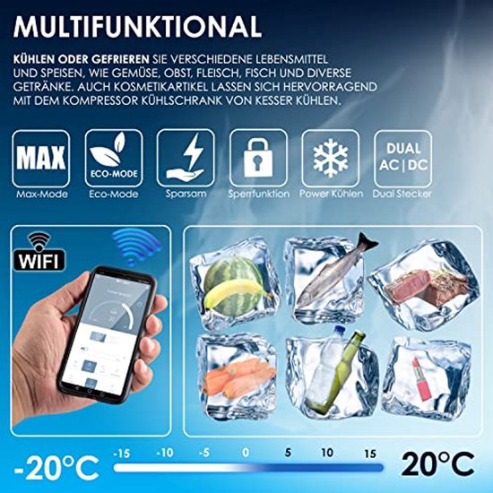 KESSER® Compressor Koelbox 42L Elektrische Frigobox met 2x Koelelementen APP-bediening USB-aansluiting 12/24V 230V en Telescopische stangwielen tot -20 °C - Coolbox voor auto en camping Antraciet van Merkloos — afbeelding 2