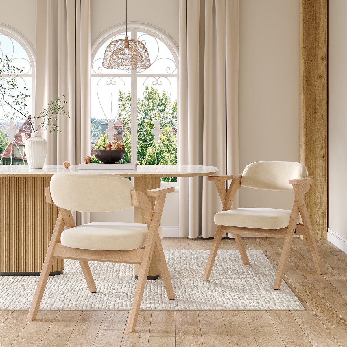 Gutent-2 inklapbare eetkamerstoelen-massief houten eetkamerstoelen-inklapbaar en op te bergen-passend-fluwelen kussens-beige kleur
