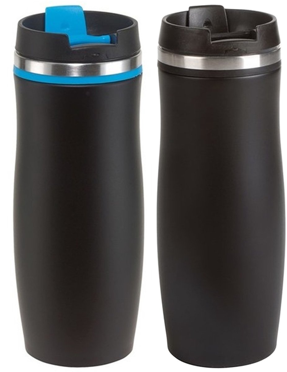 Thermosbekers - warmhoud drinkbekers - set 2x stuks - blauw en zwart - 400 ml - Isolerende drinkbekers - warme dranken - reisbekers