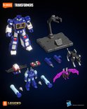 Soundwave Transformer, display stand, en diverse accessoires waaronder de metgezellen Ravage, Laserbeak, Ratbat en Rumble.
