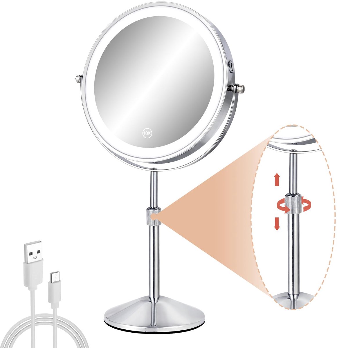 Ynkkvre -LED Make-up Spiegel – 10x Vergroting, Hoogte Verstelbaar en 360° Draaibaar