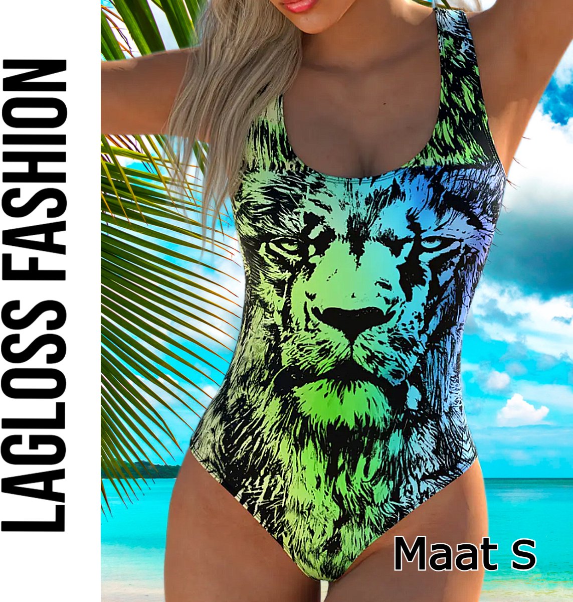 LaGloss ® Badpak Dames Leeuwprint Hoge Stretch – Sportief Zwempak Verwijderbare Vulling – Dierenprint – Zwart