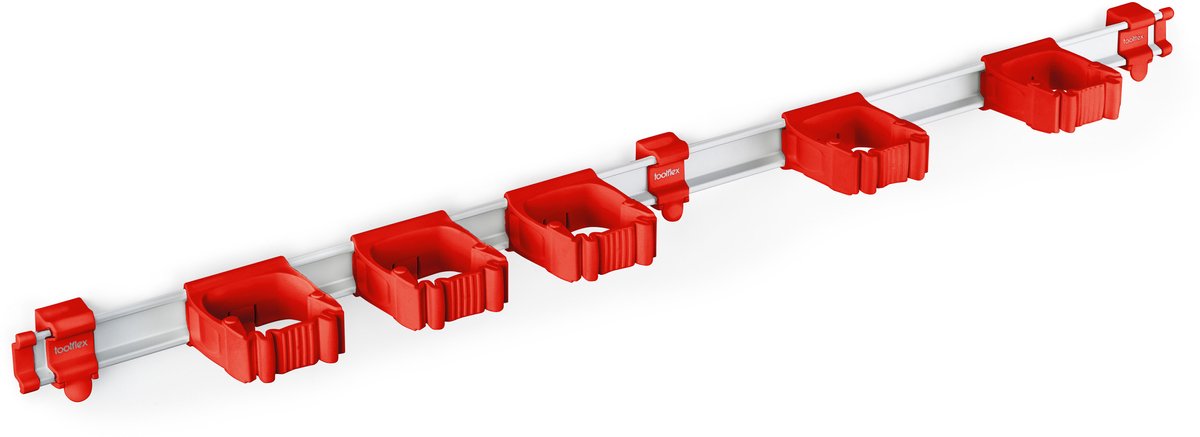 Toolflex Bezemhouder en Tuingereedschap Ophangsysteem - Geschikt voor Ø15-35 mm Gereedschappen - Aluminium rail - 94cm - Incl. 5 gereedschapshouders en montagemateriaal - Rood
