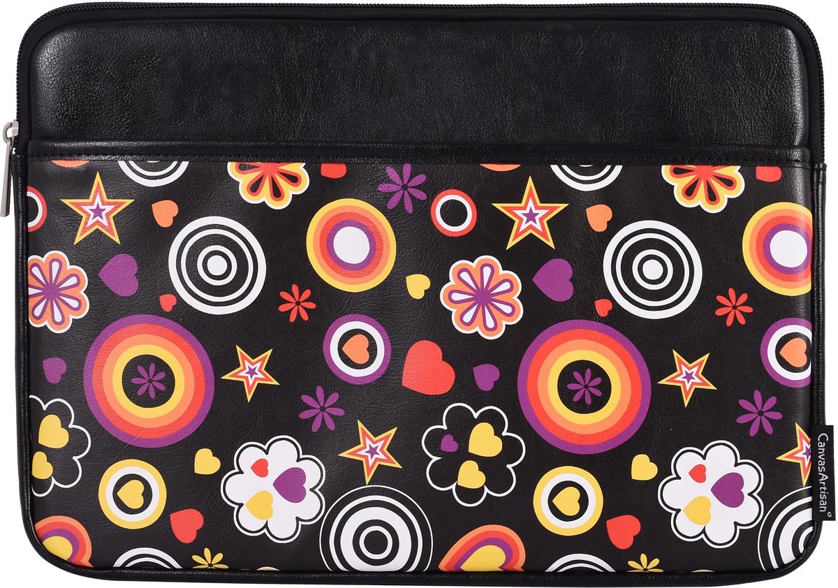 Laptophoes 13 Inch PU – Laptop Sleeve – Flower Party Zwart