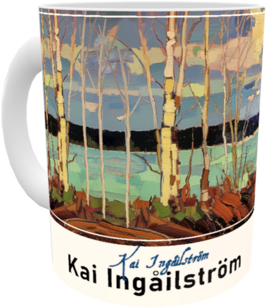 Kai Ingåilström - Impressionistisch Landschap in het Noorden Scandinavië/ Canada - Fine Art Kunst Impressionisme Schilderij No. 55 - Lente Bomen & Bossen Eiland in de Stromende Rivier - Fine Art Kunst Mok 330 ml
