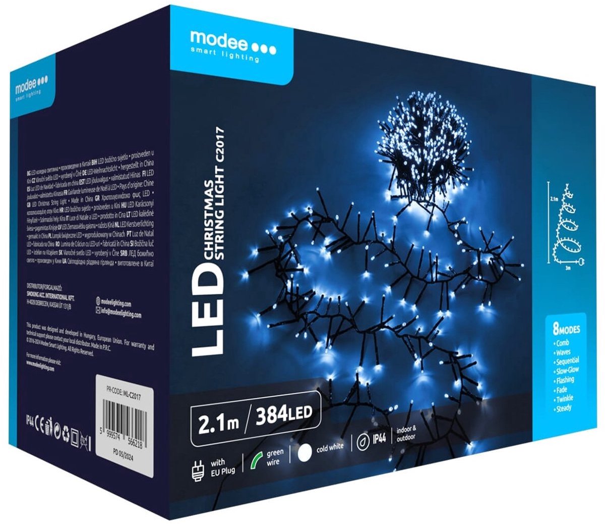 Modee Lichtsnoer Kerst 2.1 Meter - Buiten en Binnen - 384 LED Lampjes - Cluster Kerstverlichting - 8 Standen - Koud Wit - 5 stuks