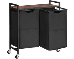 Wasverzamelwagen met Sorteerplank en 2 Afneembare Zakken - Mobiele Wasmand op Wieltjes met Opbergplank voor Wasmiddel - Vintage Bruin Ontwerp