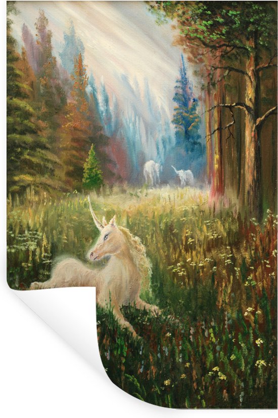 Muurstickers - Sticker Folie - Een illustratie van een eenhoorn in een bos - Meisjes - Kinderen - Kids - 80x120 cm - Plakfolie - Muurstickers Kinderkamer - Zelfklevend Behang - Zelfklevend behangpapier - Stickerfolie