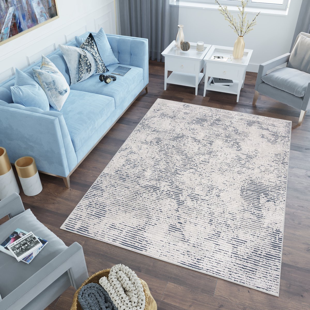 Tapiso Lotus Vloerkleed Blauw Lijnen Woonkamer Laagpolig Tapijt Maat- 160x220 Blauw 2