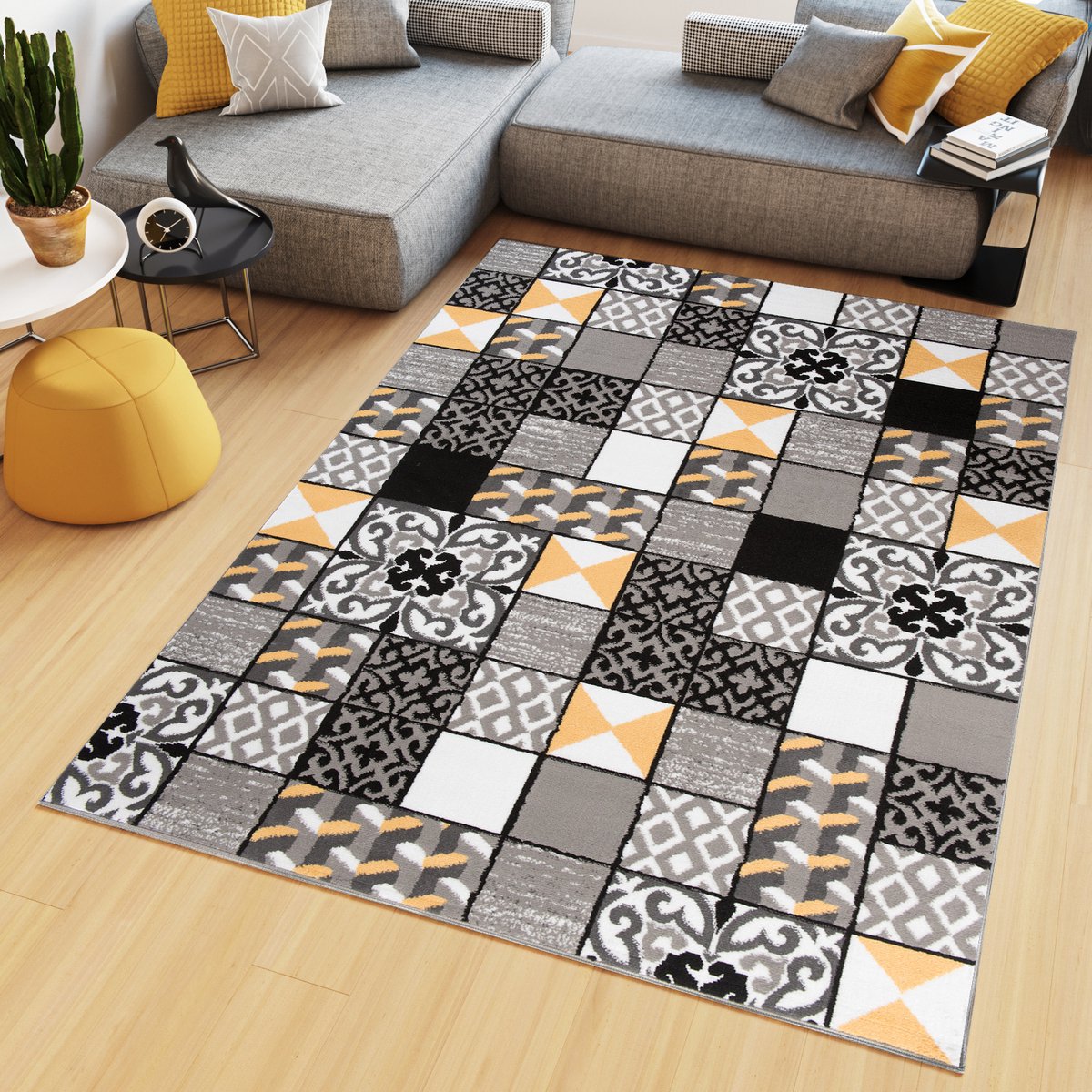 Tapiso Maya Vloerkleed Grijs Modern Woonkamer Kleed Tapijt Maat- 180x250 Zwart Grijs Geel 2