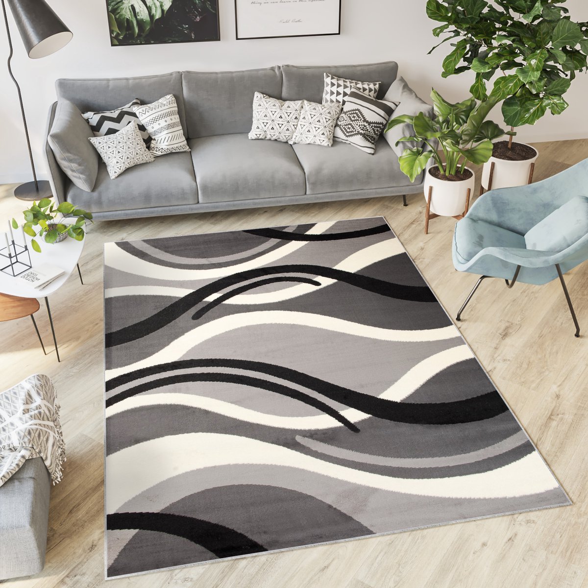 Tapiso Dream Vloerkleed Grijs Zwart Wit Golven Woonkamer Tapijt Maat- 120x170 Grijs Zwart Wit 6