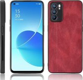 Voor OPPO Reno6 5G Schokbestendig Naaien Koe Huid Textuur PC + PU + TPU Case (Rood)