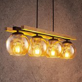 Lindby - hanglamp - 4 lichts - glas, metaal, hout - E27 - amber, zwart, licht eiken