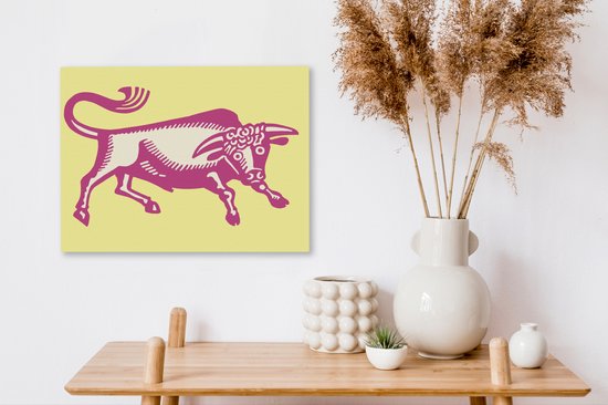 Une illustration d'un taureau rose sur toile 40x30 cm - petit - Tirage photo sur toile (Décoration murale salon / chambre) / Peintures sur toile Animaux de la ferme