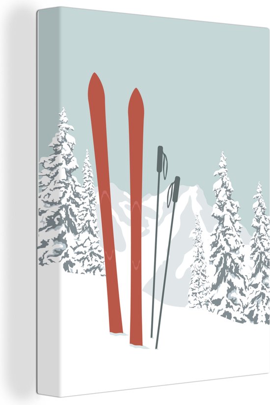 Canvas Schilderij Twee ski's en skistokken staan in de sneeuw van een illustratie - 60x80 cm - Wanddecoratie