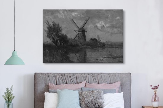 Canvas schilderij 180x120 cm - Wanddecoratie Molen bij een plas in zwart wit - Schilderij van Paul Joseph Constantin - Muurdecoratie woonkamer - Slaapkamer decoratie - Kamer accessoires - Schilderijen op canvas