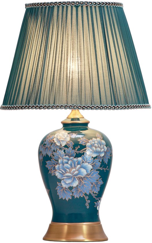 Fine Asianliving Chinese Tafellamp Handgeschilderde Pioenrozen Bronzen Voet D33xH53cm