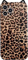 Cat Ear Leopard Print TPU Straight Edge-beschermhoes met lanyard voor iPhone 11 (bruin)