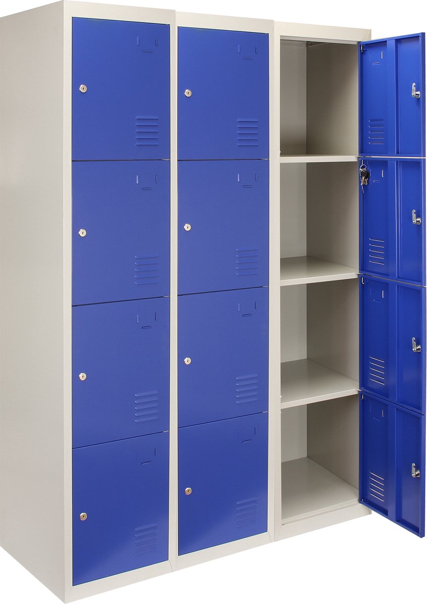 MonsterShop Lockerkast metaal set 3x - blauw - 4-deurs - flatpack