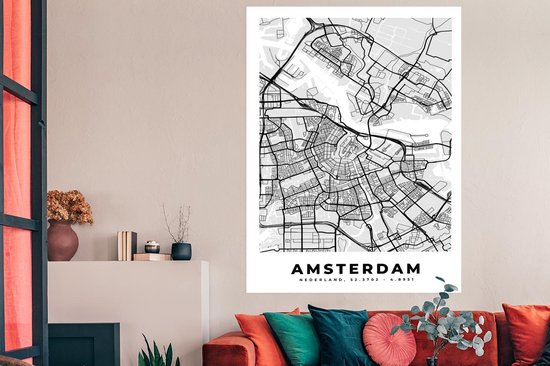 Poster Stadskaart - Amsterdam - Grijs - Wit - 120x180 cm XXL - Plattegrond