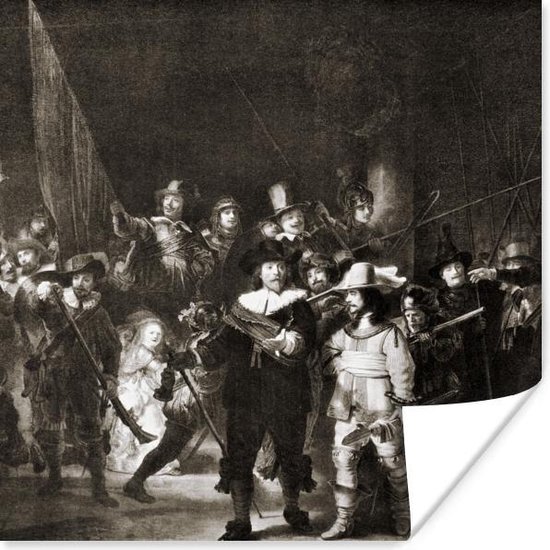 Poster De Nachtwacht in zwart-wit - Schilderij van Rembrandt van Rijn - 75x75 cm