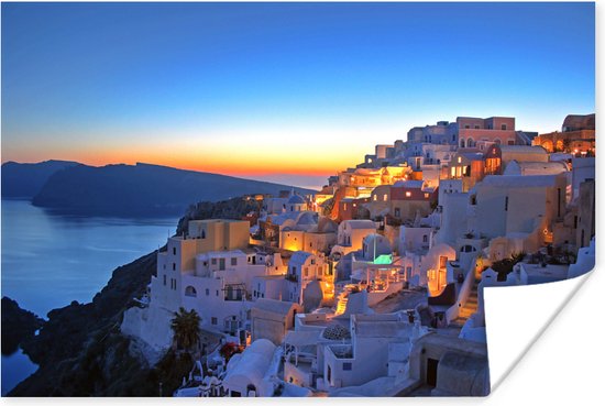 Poster - Oia Santorini met kleurrijke zonsondergang in Griekenland