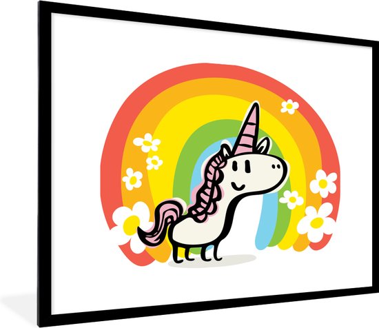 Fotolijst incl. Poster - Een illustratie van een eenhoorn met een regenboog - Meisjes - Kinderen - Kind - 80x60 cm - Posterlijst