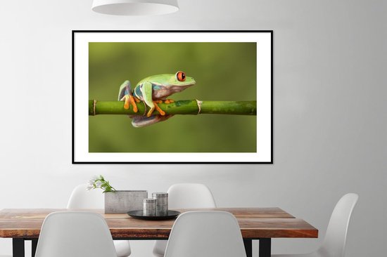 Poster in lijst - Fotolijst 120x80 cm - Posters - Roodoogmakikikker op bamboe - Posterlijst zwart - Decoratie - Wanddecoratie woonkamer - Muurdecoratie slaapkamer