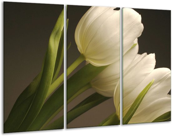 Glasschilderij Tulpen - Groen, Wit, Grijs - 120x80cm 3Luik - Foto Op Glas - Geen Acrylglas Schilderij - GroepArt 6000+ Glas Art Collectie - Maatwerk Mogelijk