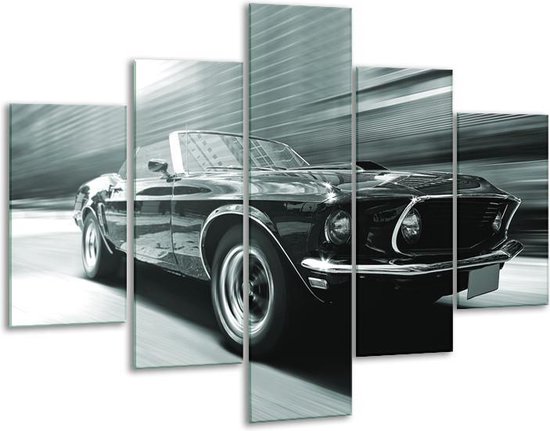 Glasschilderij -  Auto, Mustang - Grijs, Groen, Zwart - 100x70cm 5Luik - Geen Acrylglas Schilderij - GroepArt 6000+ Glasschilderijen Collectie - Wanddecoratie- Foto Op Glas