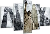 Glasschilderij Vrijheidsbeeld, New York - Grijs, Crème - 170x100cm 5Luik - Foto Op Glas - Geen Acrylglas Schilderij - 6000+ Glasschilderijen Collectie - Wanddecoratie