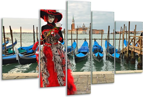 Glasschilderij Venetië, Masker - Rood, Blauw, Grijs - 170x100cm 5Luik - Foto Op Glas - Geen Acrylglas Schilderij - 6000+ Glasschilderijen Collectie - Wanddecoratie