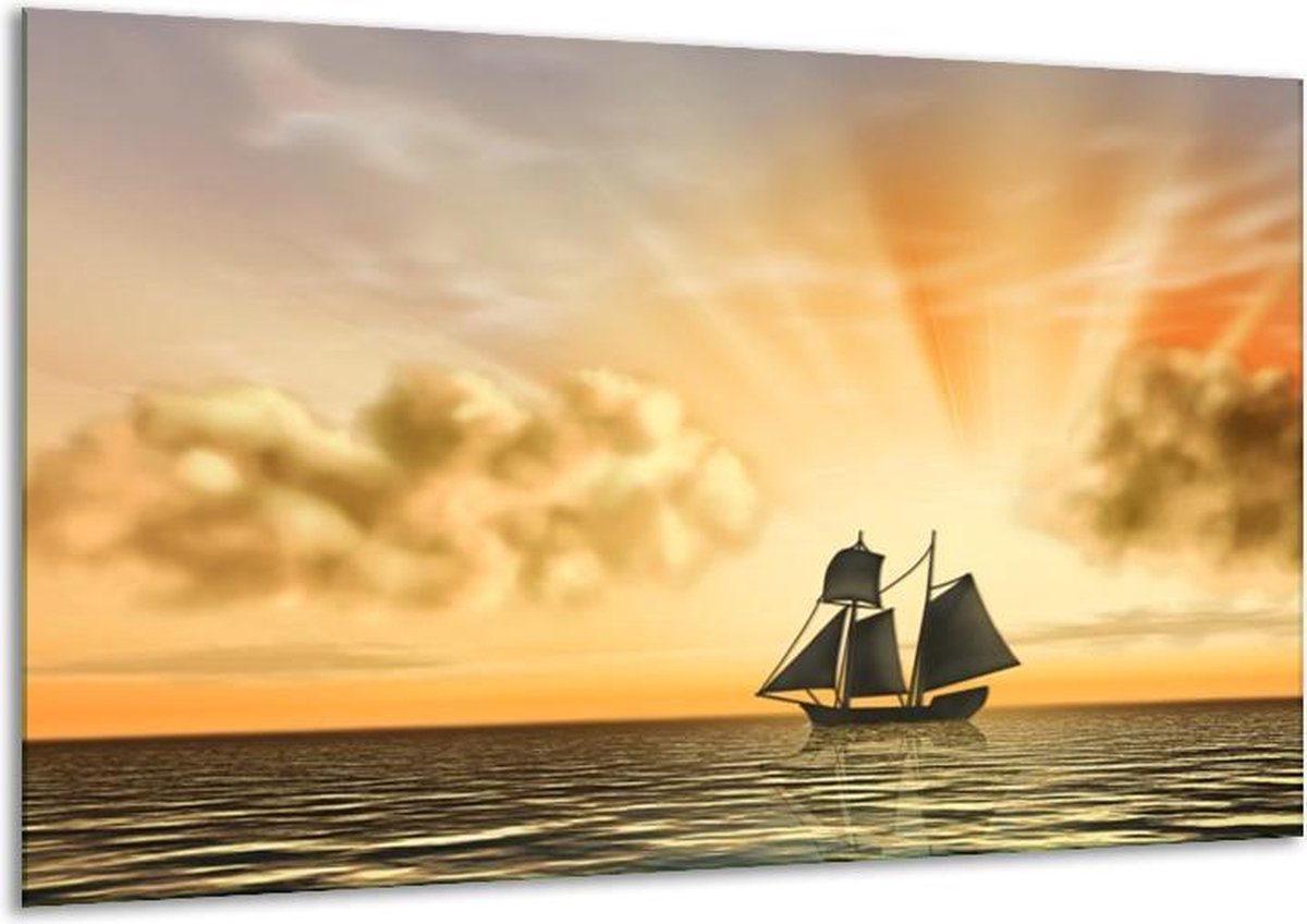 Glasschilderij Boot - Geel, Bruin, Grijs - 120x70cm 1Luik - Foto Op Glas - Geen Acrylglas Schilderij - GroepArt 6000+ Glasschilderijen Art Collectie - Wanddecoratie - Woonkamer - Slaapkamer