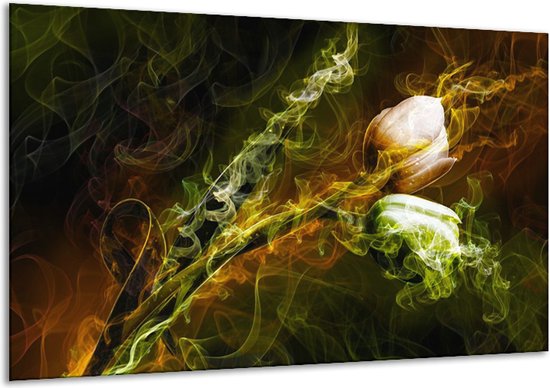 Glasschilderij Tulp - Groen, Geel, Zwart - 120x70cm 1Luik - Foto Op Glas - Geen Acrylglas Schilderij - GroepArt 6000+ Glasschilderijen Art Collectie - Wanddecoratie - Woonkamer - Slaapkamer