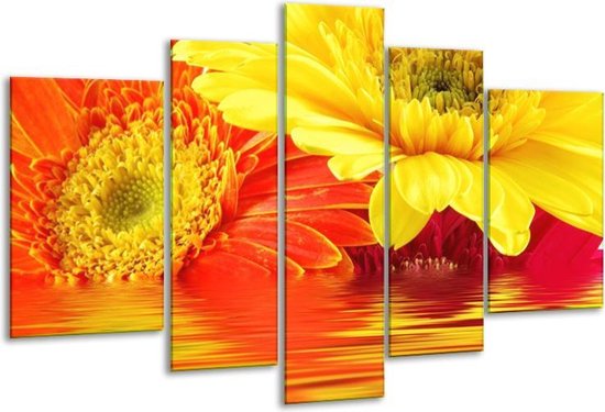 Glasschilderij Gerbera - Geel, Oranje - 170x100cm 5Luik - Foto Op Glas - Geen Acrylglas Schilderij - 6000+ Glasschilderijen Collectie - Wanddecoratie